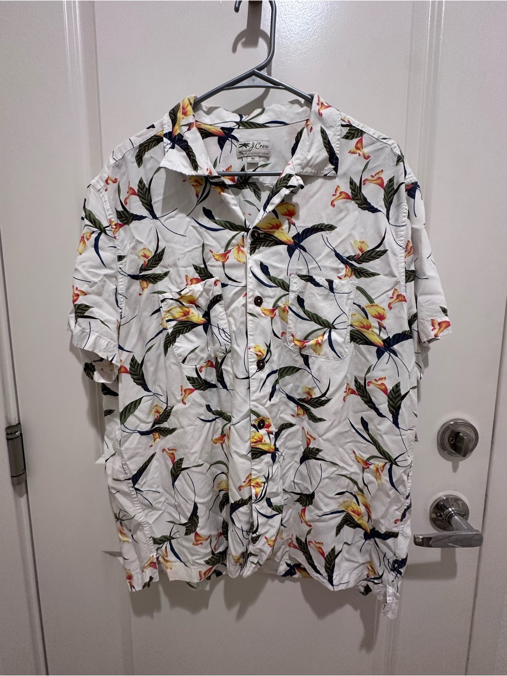 J. Crew White Short-Sleeve Button-Up Shirt with Yellow Floral Print